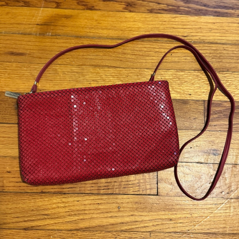 VTG Whiting & Davis red metal mesh shoulder bag, leather strap, zip top